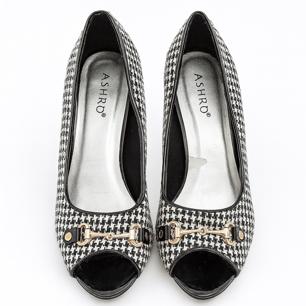 Ashro Houndstooth Peep-Toe Heels with Gold Detail